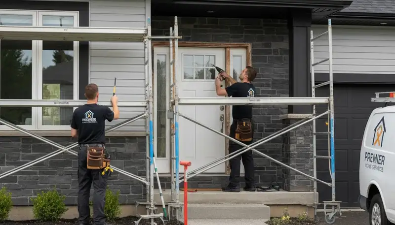 Technician repairing exterior door with vinyl siding in Spokane, WA for Next Level Exteriors