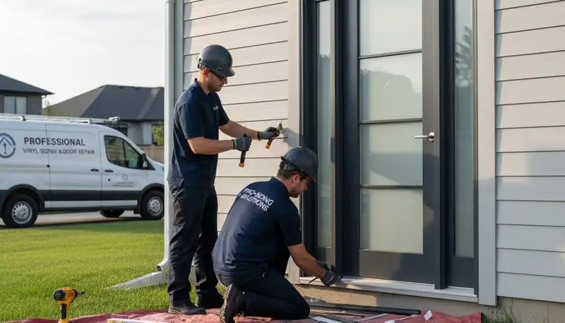 Technician performing vinyl siding and door frame repair on Spokane WA home exterior