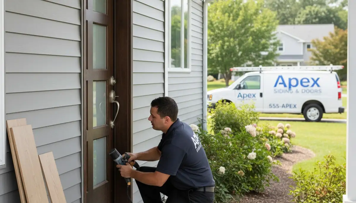 Technician repairing exterior door frame with vinyl siding, Next Level Exteriors Spokane WA