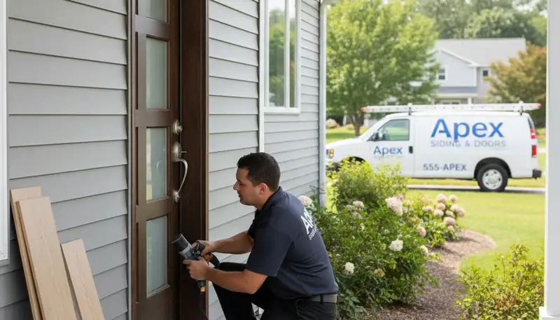 Technician repairing exterior door frame with vinyl siding, Next Level Exteriors Spokane WA
