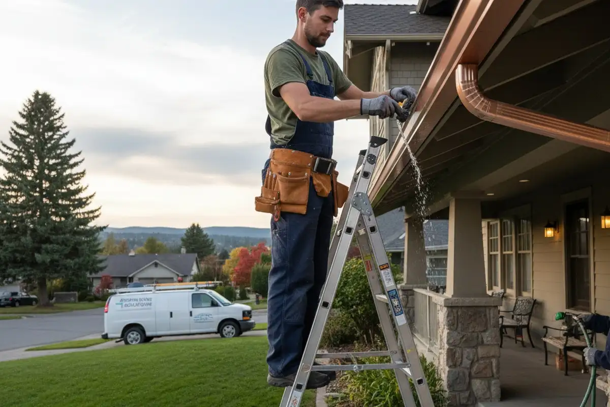 Technician finishing gutter cleaning service on Spokane WA home exterior by Next Level Exteriors