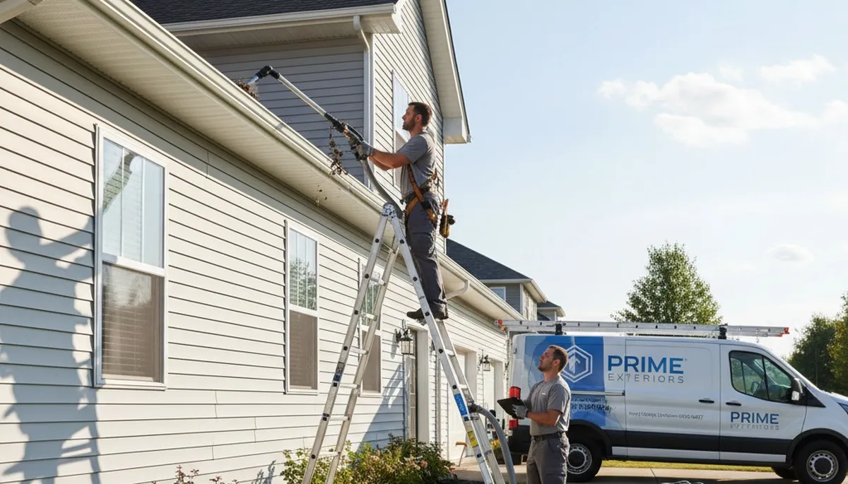 Technician cleaning home gutters and vinyl siding in Spokane, WA for Next Level Exteriors service