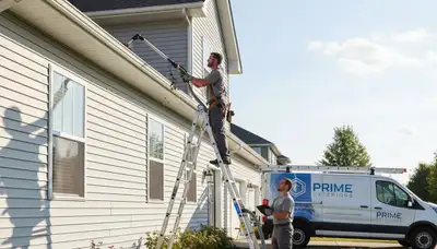 Technician cleaning home gutters and vinyl siding in Spokane, WA for Next Level Exteriors service