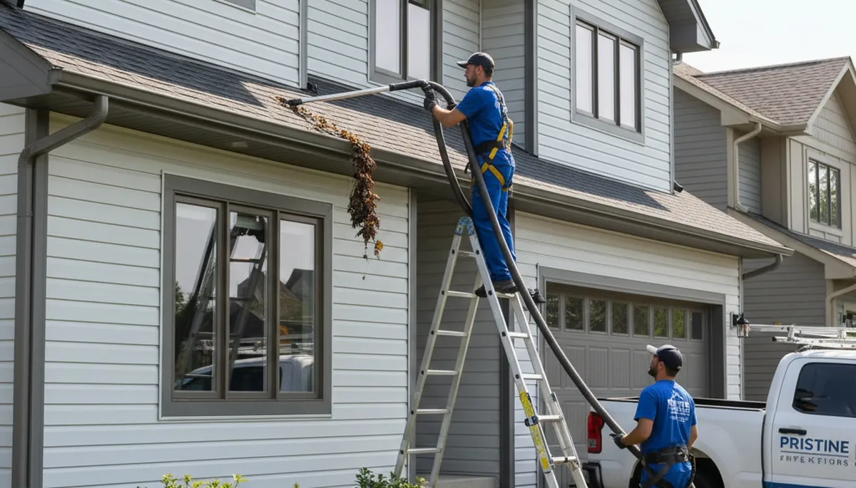 Technician cleaning residential gutters and vinyl siding in Spokane, WA for Next Level Exteriors