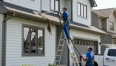 Technician cleaning residential gutters and vinyl siding in Spokane, WA for Next Level Exteriors