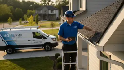 Technician performing gutter inspection on Spokane, WA home with vinyl siding exterior