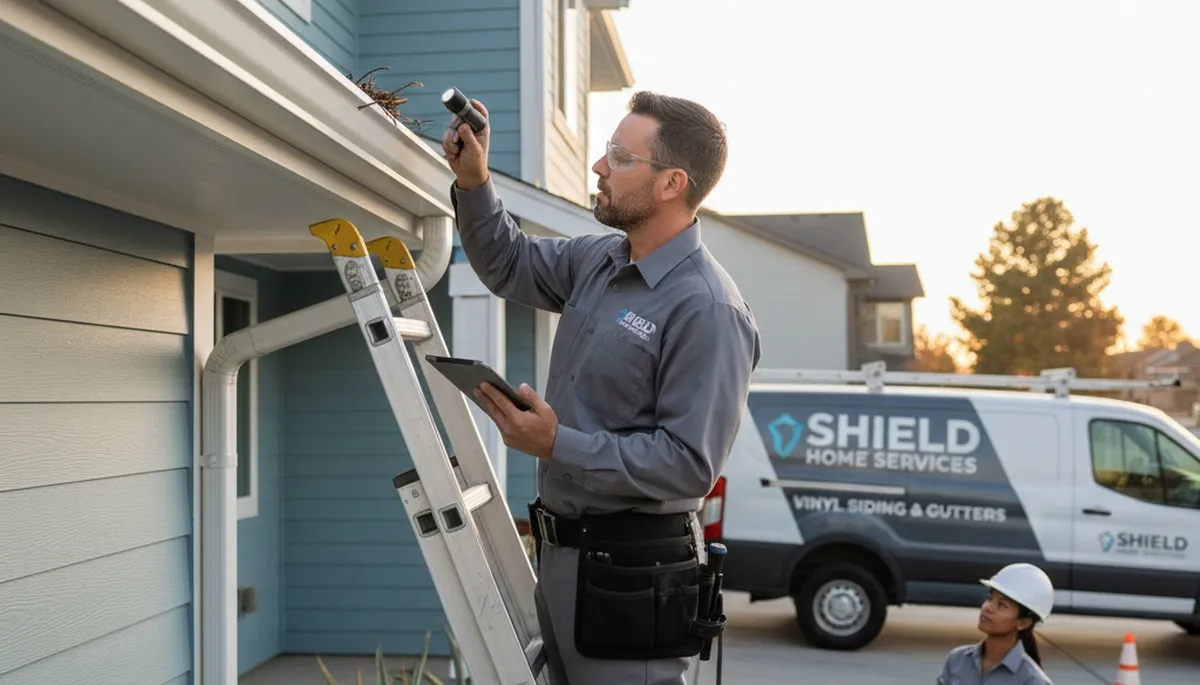 Technician performing gutter inspection on vinyl-sided home in Spokane, WA