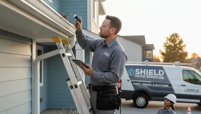 Technician performing gutter inspection on vinyl-sided home in Spokane, WA