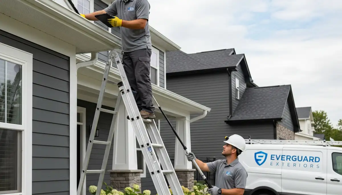 Technician performing gutter inspection on Spokane WA home with vinyl siding by Next Level Exteriors