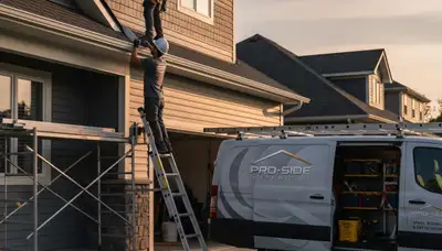 Technician fixing damaged gutter and vinyl siding on home exterior in Spokane, WA