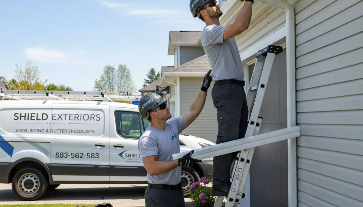 Technician repairing residential gutters and vinyl siding in Spokane, WA for Next Level Exteriors