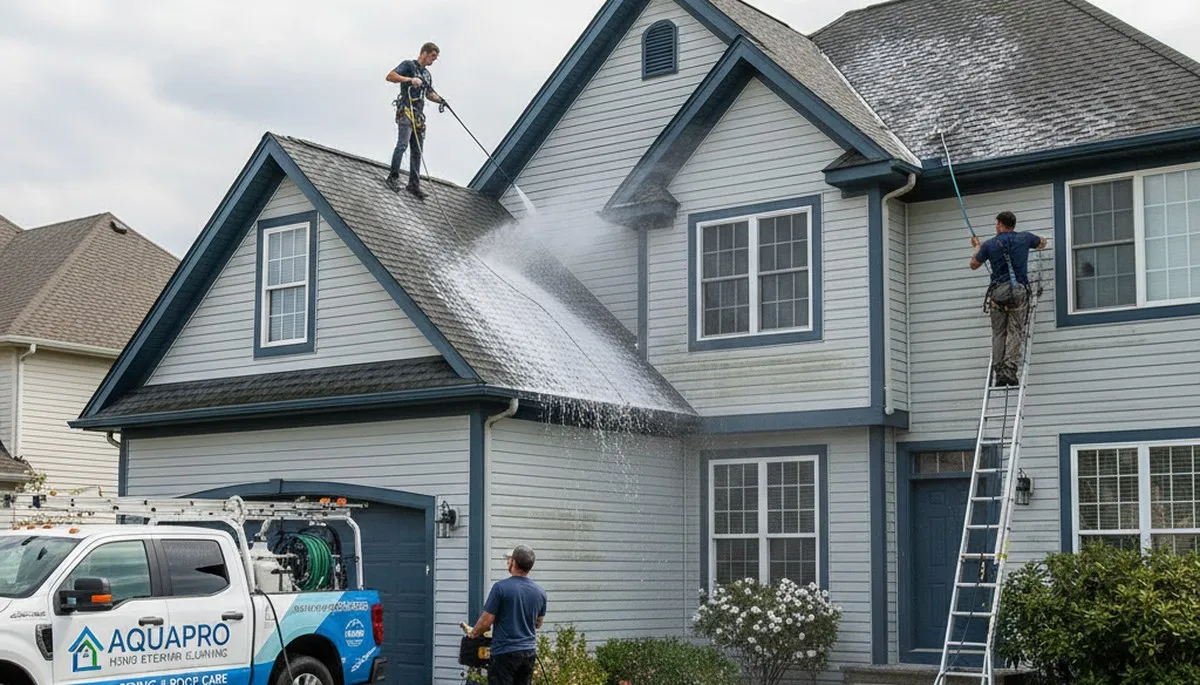 Professional roof cleaning service removing moss and debris in Spokane, WA