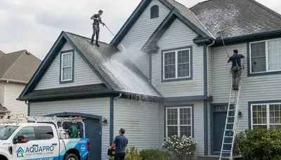 Professional roof cleaning service removing moss and debris in Spokane, WA