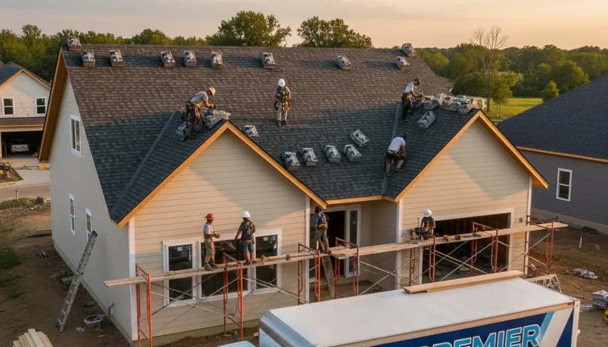 Roof installation contractors working on a Spokane WA home exterior with durable vinyl siding
