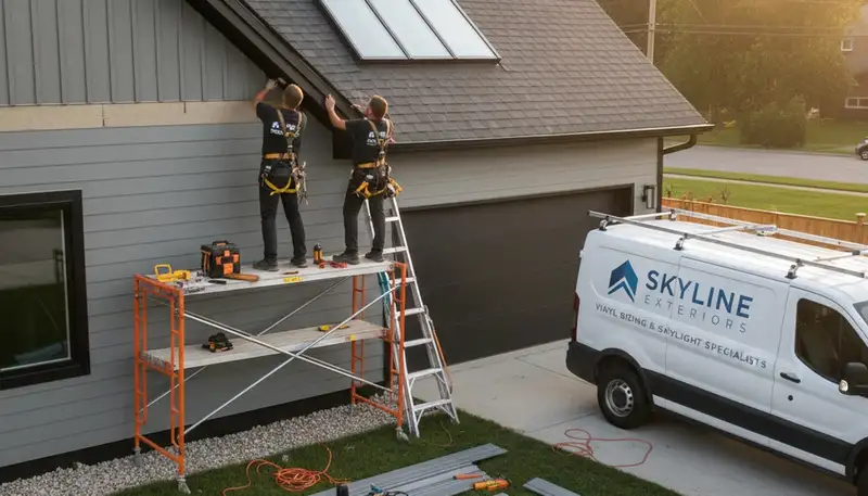 Technician repairing skylight on vinyl-sided home in Spokane, WA for Next Level Exteriors