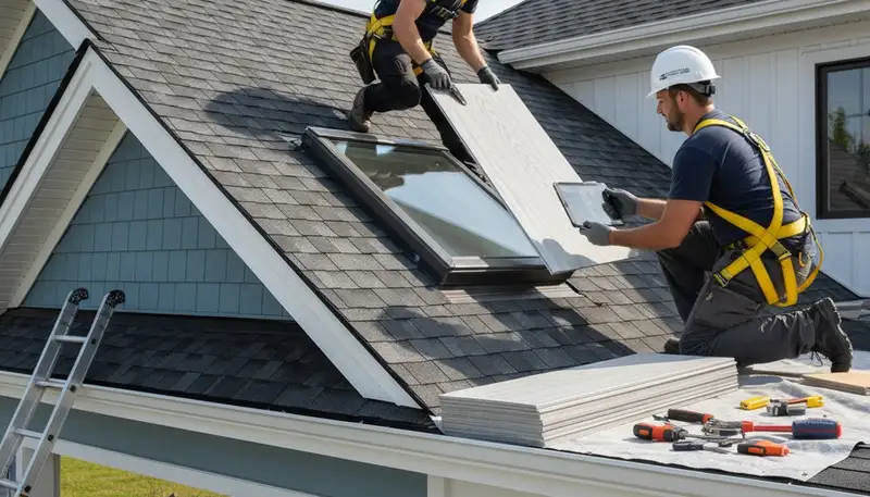Technician repairing skylight on vinyl-siding roof in Spokane, WA for Next Level Exteriors
