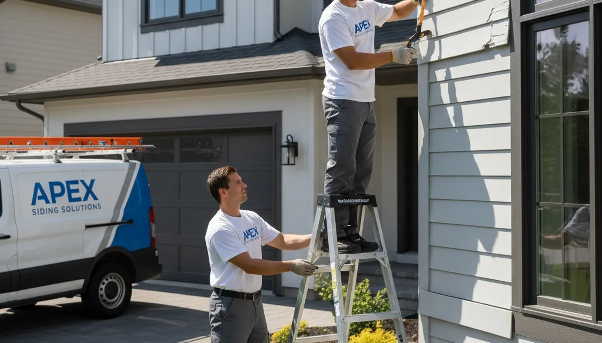 Technician repairing cracked vinyl siding on a Spokane WA home exterior by Next Level Exteriors