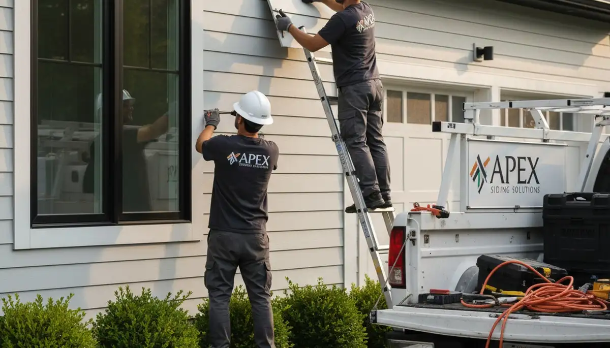 Technician repairing cracked vinyl siding on Spokane, WA home exterior by Next Level Exteriors