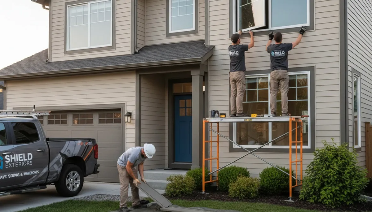 Technician repairing house window frame alongside vinyl siding in Spokane, WA exterior home repair service