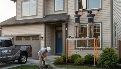 Technician repairing house window frame alongside vinyl siding in Spokane, WA exterior home repair service